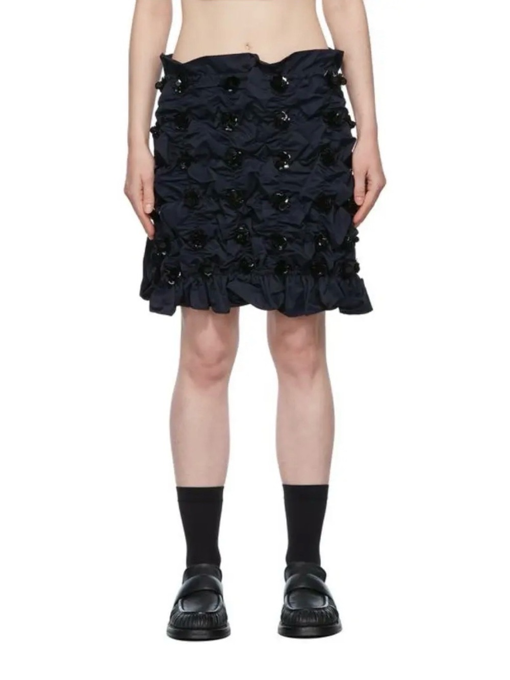 SHUSHU/TONG navy ruched sequin floral appliqué mini skirt